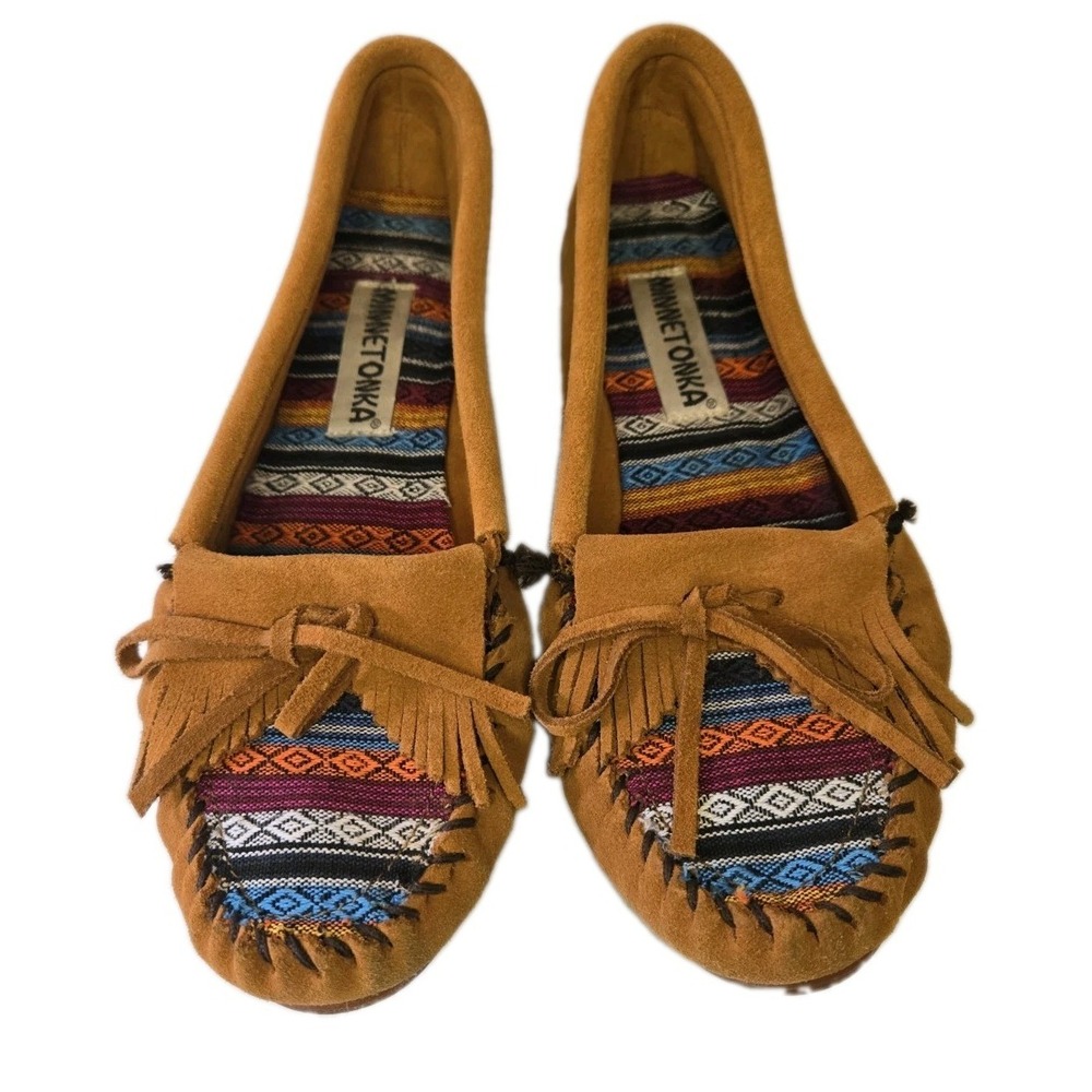 Minnetonka Womens Kilty Brown Suede Southwest Pattern Moccasin Flats Size 9.5